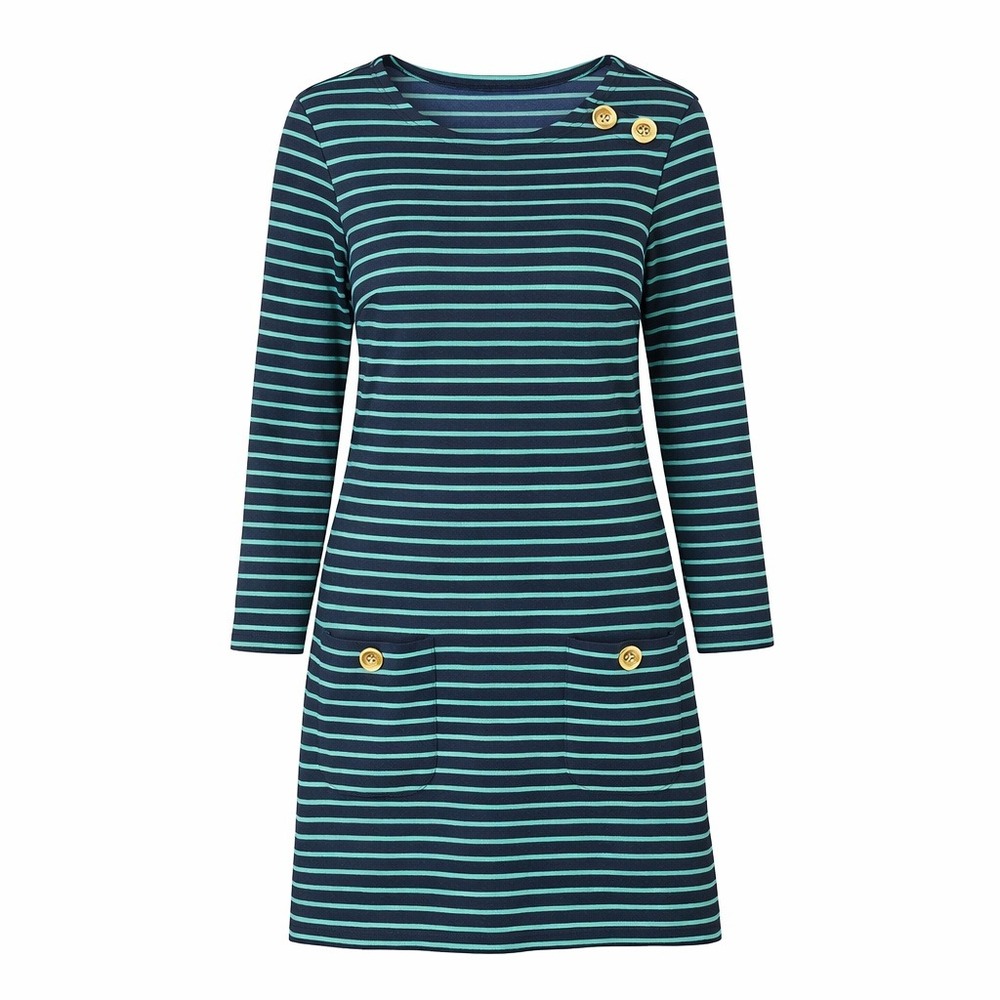 Sail to Sable Dress Blue Green Stripe Gold Buttons Pockets Long Sleeves Size XS